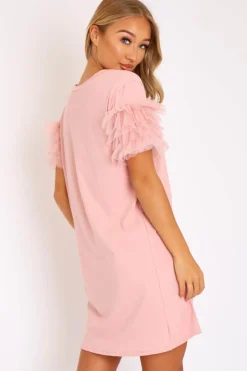 Rebellious Fashion Pink Mesh Ruffle Sleeve T-shirt Dress - Stefi