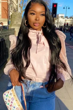 Rebellious Fashion Pink Mesh Sleeve Bow Neck Blouse - Adelin