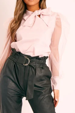 Rebellious Fashion Pink Mesh Sleeve Bow Neck Blouse - Adelin