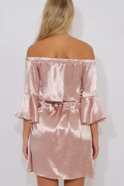 Rebellious Fashion Pink Metallic Bardot Bell Sleeve Open Back Dress - Cairo