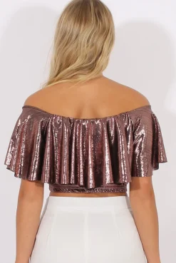 Rebellious Fashion Pink Metallic Bardot Frill Crop Top - Ariana