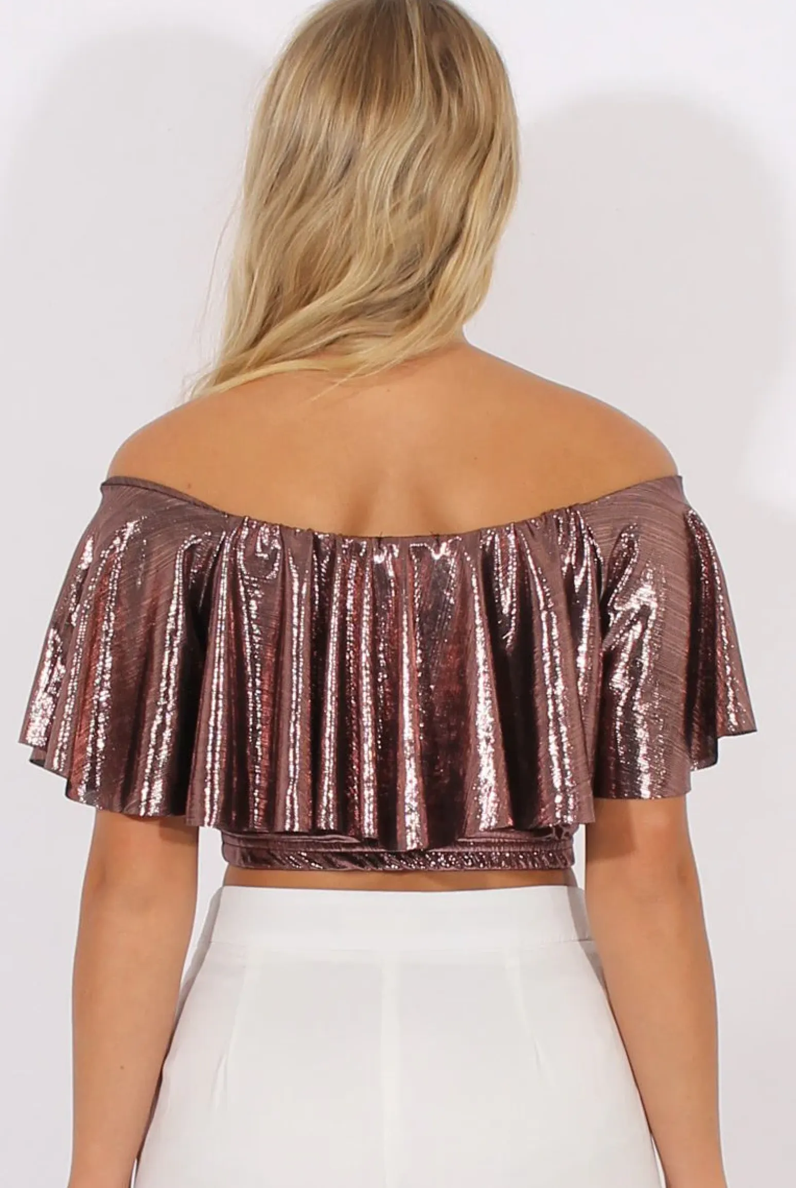Rebellious Fashion Pink Metallic Bardot Frill Crop Top - Ariana
