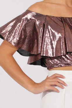 Rebellious Fashion Pink Metallic Bardot Frill Crop Top - Ariana