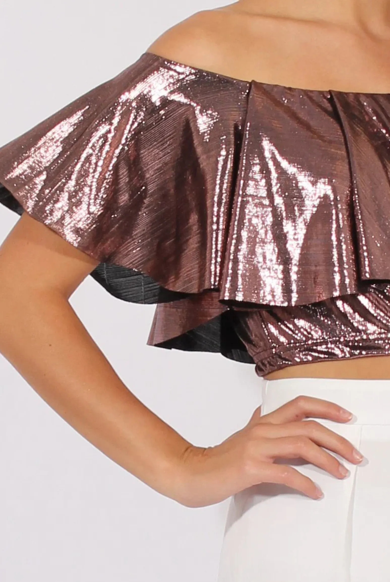 Rebellious Fashion Pink Metallic Bardot Frill Crop Top - Ariana