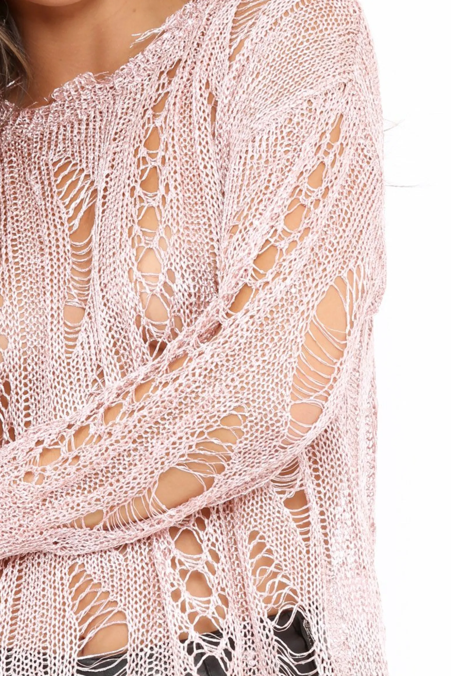 Rebellious Fashion Pink Metallic Distressed Jumper - Hannan