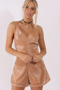 Rebellious Fashion Pink Metallic Strappy V Neck Playsuit - Patricia