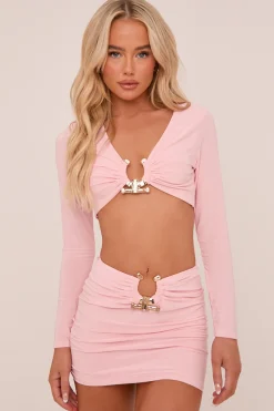 Rebellious Fashion Pink Metal Trim Cropped Top & Mini Skirt Co-ord Set - Callie