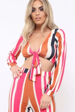 Rebellious Fashion Pink Multi Stripe Plunge Tie Top - Nali