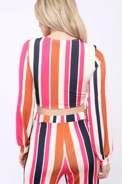 Rebellious Fashion Pink Multi Stripe Plunge Tie Top - Nali