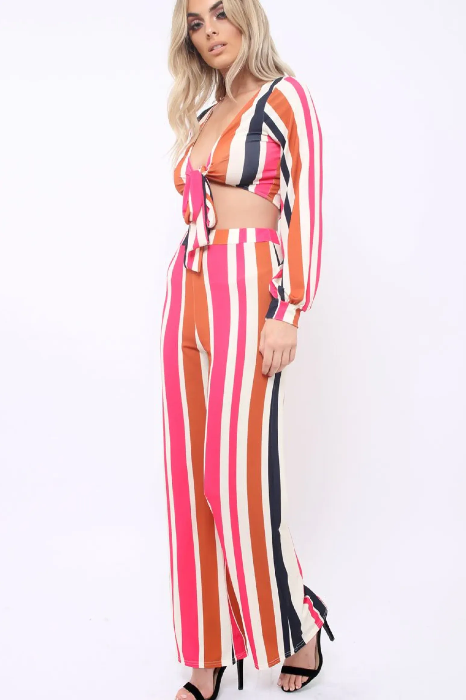 Rebellious Fashion Pink Multi Stripe Wide Leg Trousers - Mitzy