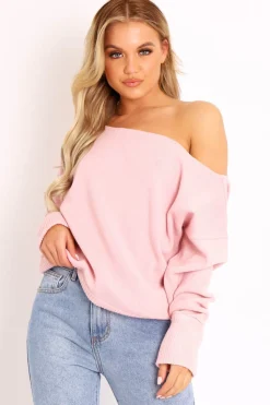 Rebellious Fashion Pink Off Shoulder Knit Jumper - Brithany