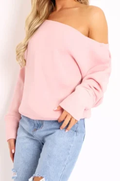 Rebellious Fashion Pink Off Shoulder Knit Jumper - Brithany