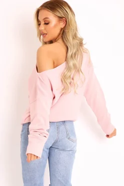 Rebellious Fashion Pink Off Shoulder Knit Jumper - Brithany