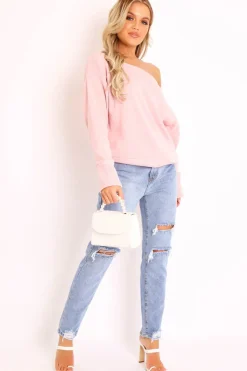 Rebellious Fashion Pink Off Shoulder Knit Jumper - Brithany