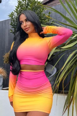 Rebellious Fashion Pink Ombre Crop Top & Mini Skirt Set - Rayna