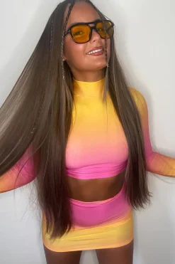 Rebellious Fashion Pink Ombre Crop Top & Mini Skirt Set - Rayna