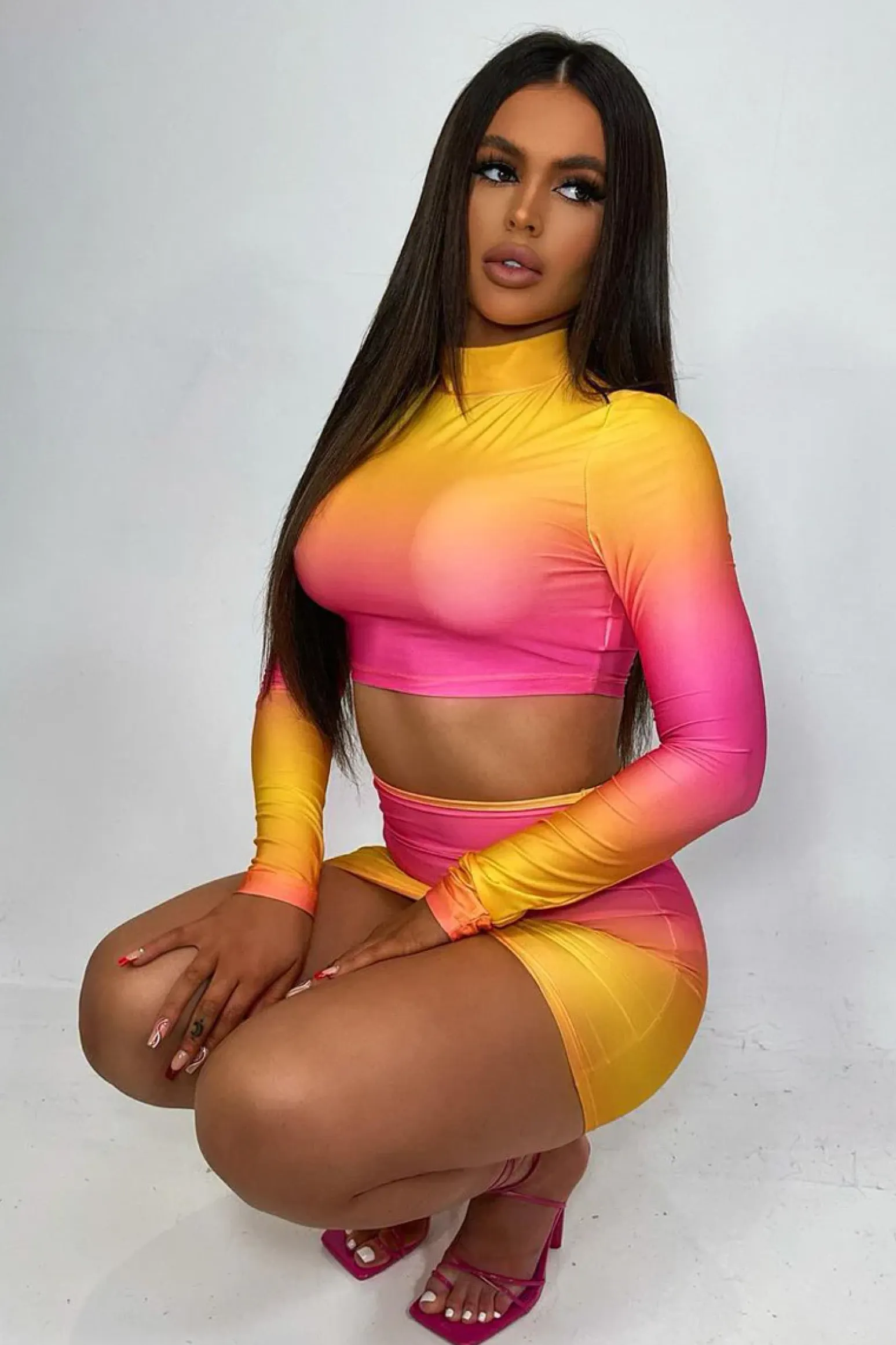 Rebellious Fashion Pink Ombre Crop Top & Mini Skirt Set - Rayna