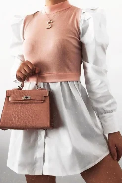 Rebellious Fashion Pink Overlay Detail Puff Sleeve White Shirt Dress - Olah
