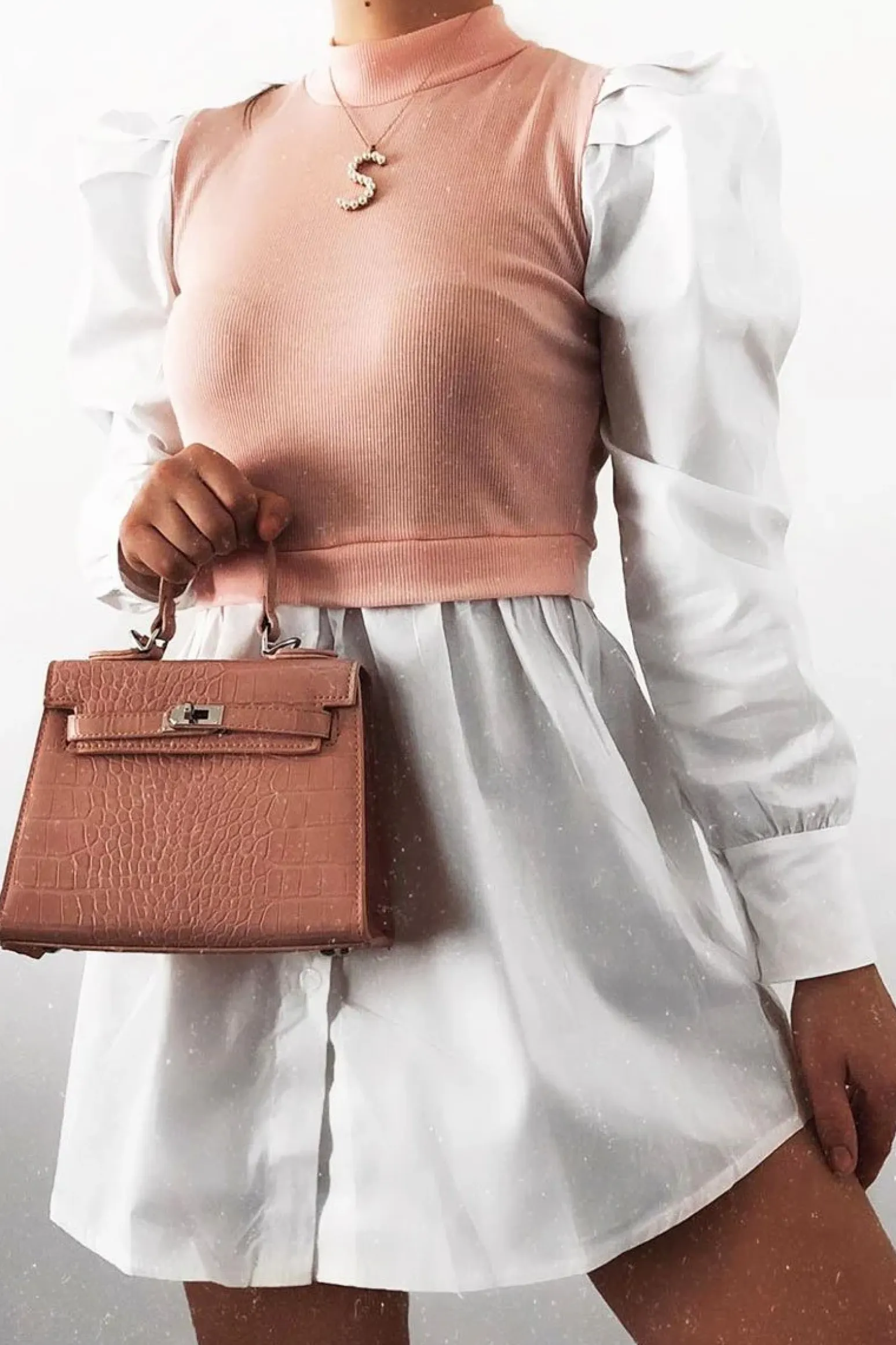 Rebellious Fashion Pink Overlay Detail Puff Sleeve White Shirt Dress - Olah