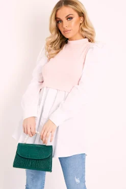 Rebellious Fashion Pink Overlay Detail Puff Sleeve White Shirt Dress - Olah