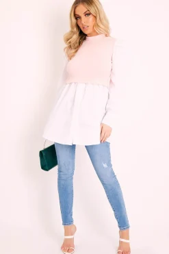 Rebellious Fashion Pink Overlay Detail Puff Sleeve White Shirt Dress - Olah