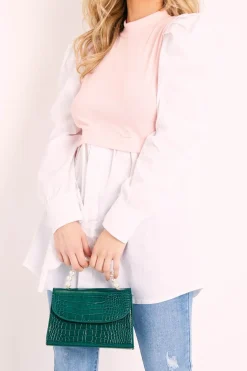 Rebellious Fashion Pink Overlay Detail Puff Sleeve White Shirt Dress - Olah