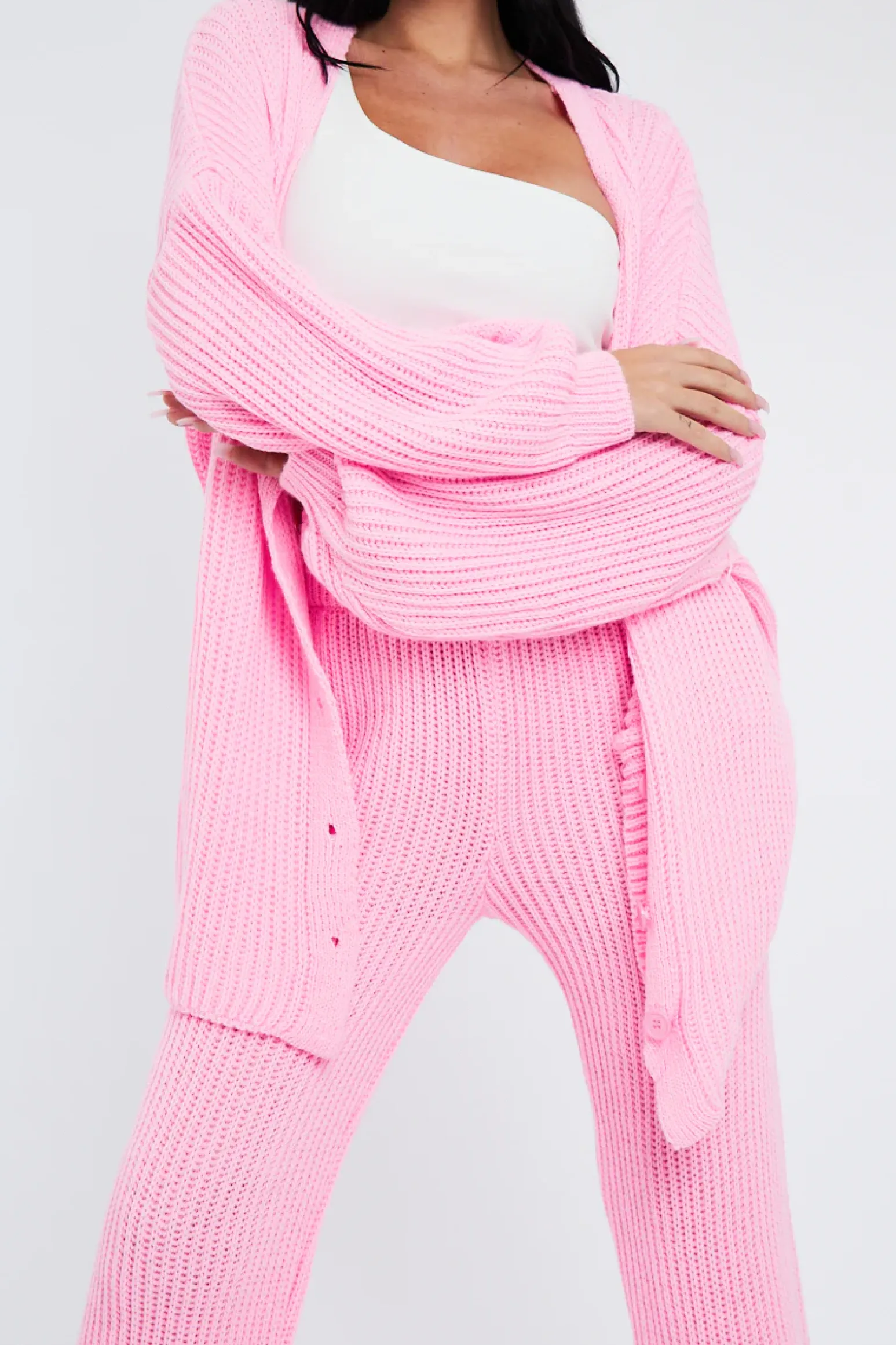 Rebellious Fashion Pink Oversized Knit Cardigan & Trouser Set - Marra
