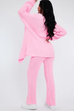 Rebellious Fashion Pink Oversized Knit Cardigan & Trouser Set - Marra