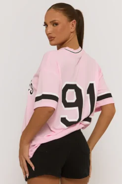 Rebellious Fashion Pink Oversized Varsity Football T-shirt - Austin