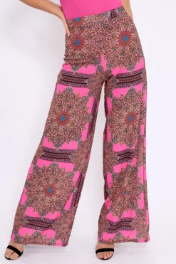 Rebellious Fashion Pink Paisley Print High Waist Flare Trousers - Freddy