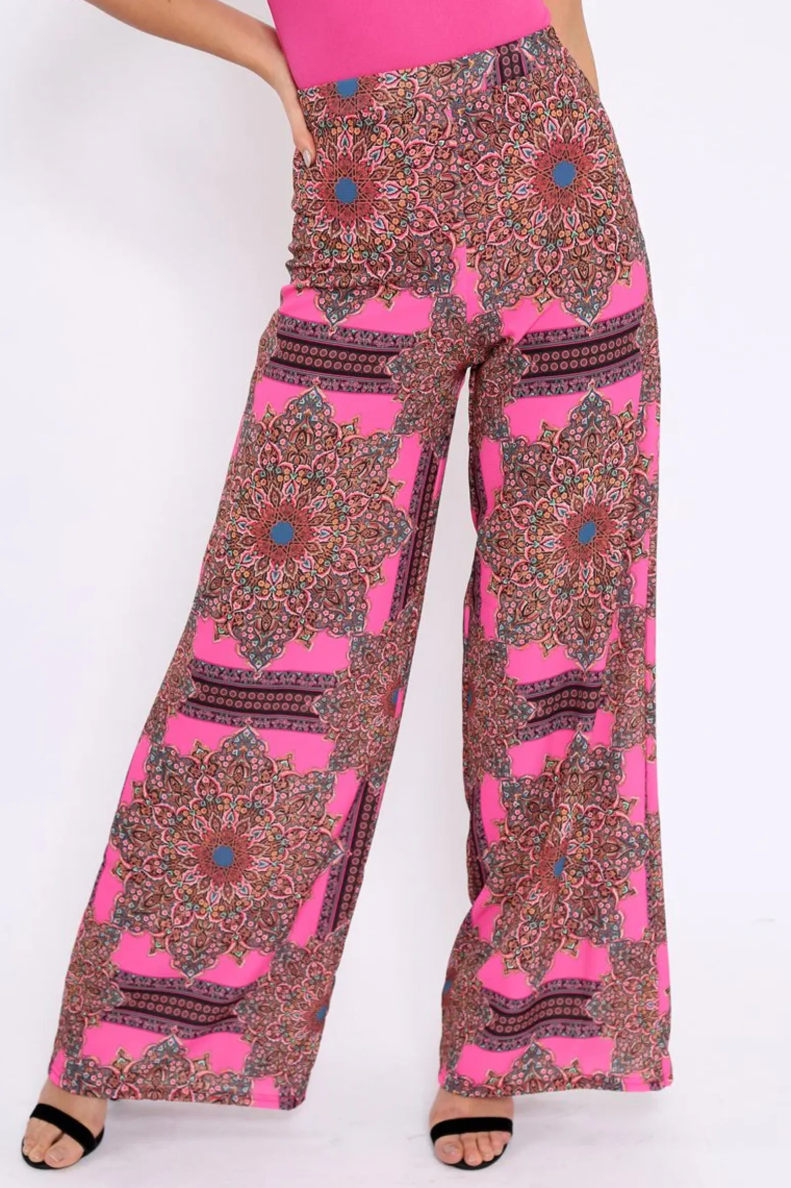 Rebellious Fashion Pink Paisley Print High Waist Flare Trousers - Freddy