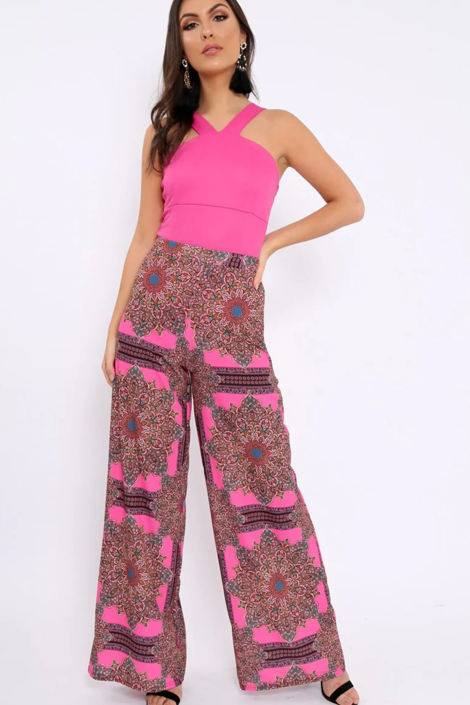 Rebellious Fashion Pink Paisley Print High Waist Flare Trousers - Freddy