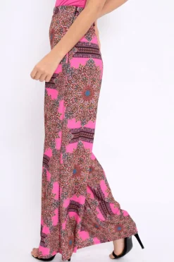 Rebellious Fashion Pink Paisley Print High Waist Flare Trousers - Freddy