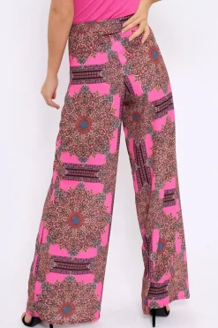 Rebellious Fashion Pink Paisley Print High Waist Flare Trousers - Freddy