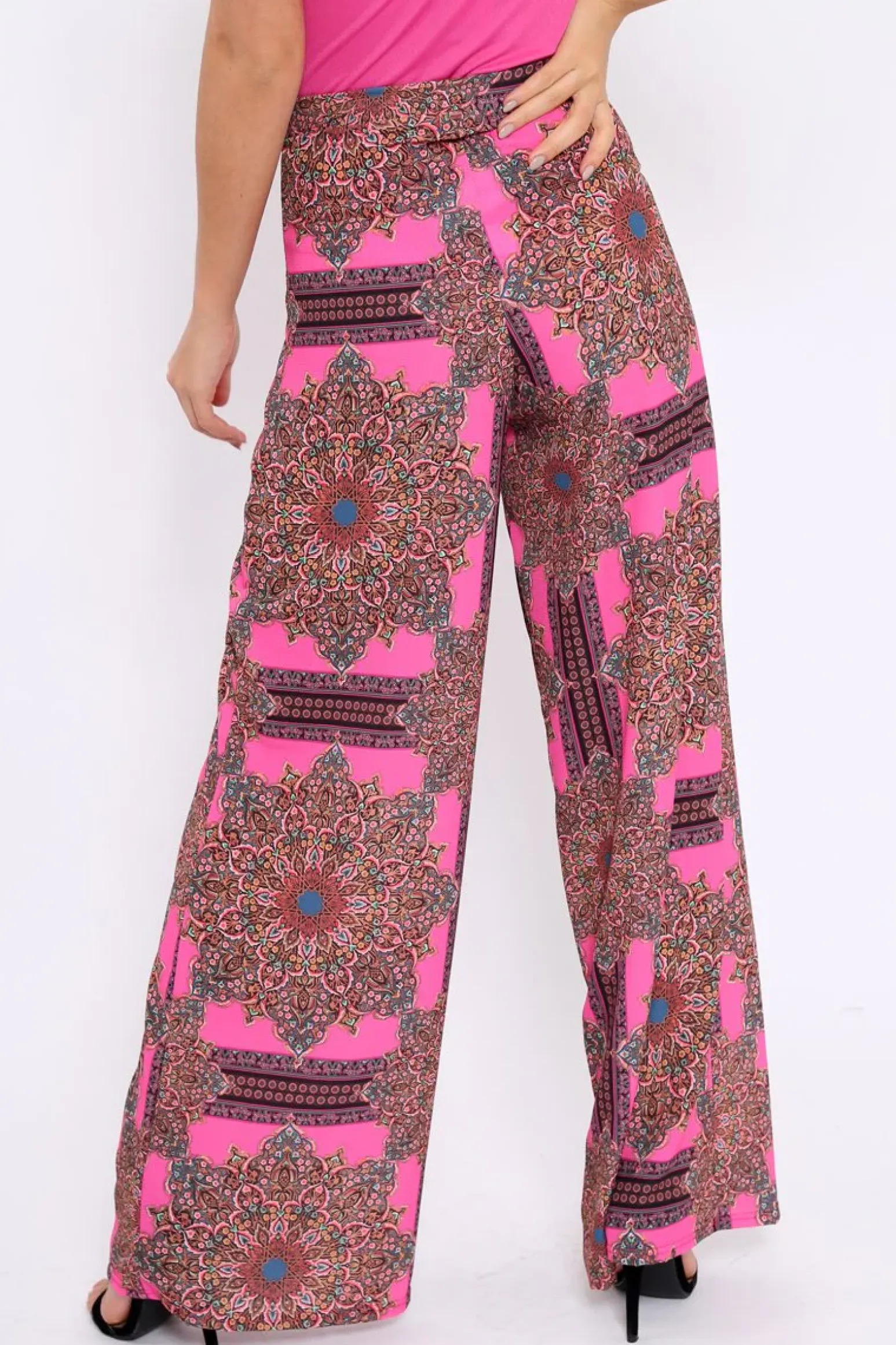 Rebellious Fashion Pink Paisley Print High Waist Flare Trousers - Freddy
