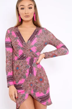 Rebellious Fashion Pink Paisley Print Slinky Wrap Dress - Denise