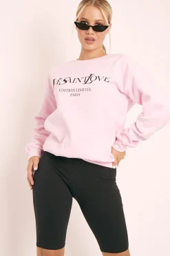 Rebellious Fashion Pink Parisian Slogan Front Oversized Sweatshirt - Tamy