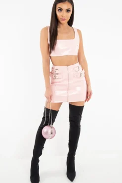 Rebellious Fashion Pink Patent Faux Leather Crop Top Skirt Co-Ord - Nieve