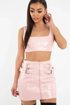 Rebellious Fashion Pink Patent Faux Leather Crop Top Skirt Co-Ord - Nieve