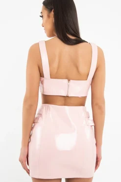 Rebellious Fashion Pink Patent Faux Leather Crop Top Skirt Co-Ord - Nieve