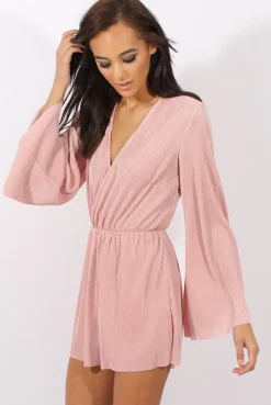 Rebellious Fashion Pink Pleated Flared Sleeve Playsuit - Amity
