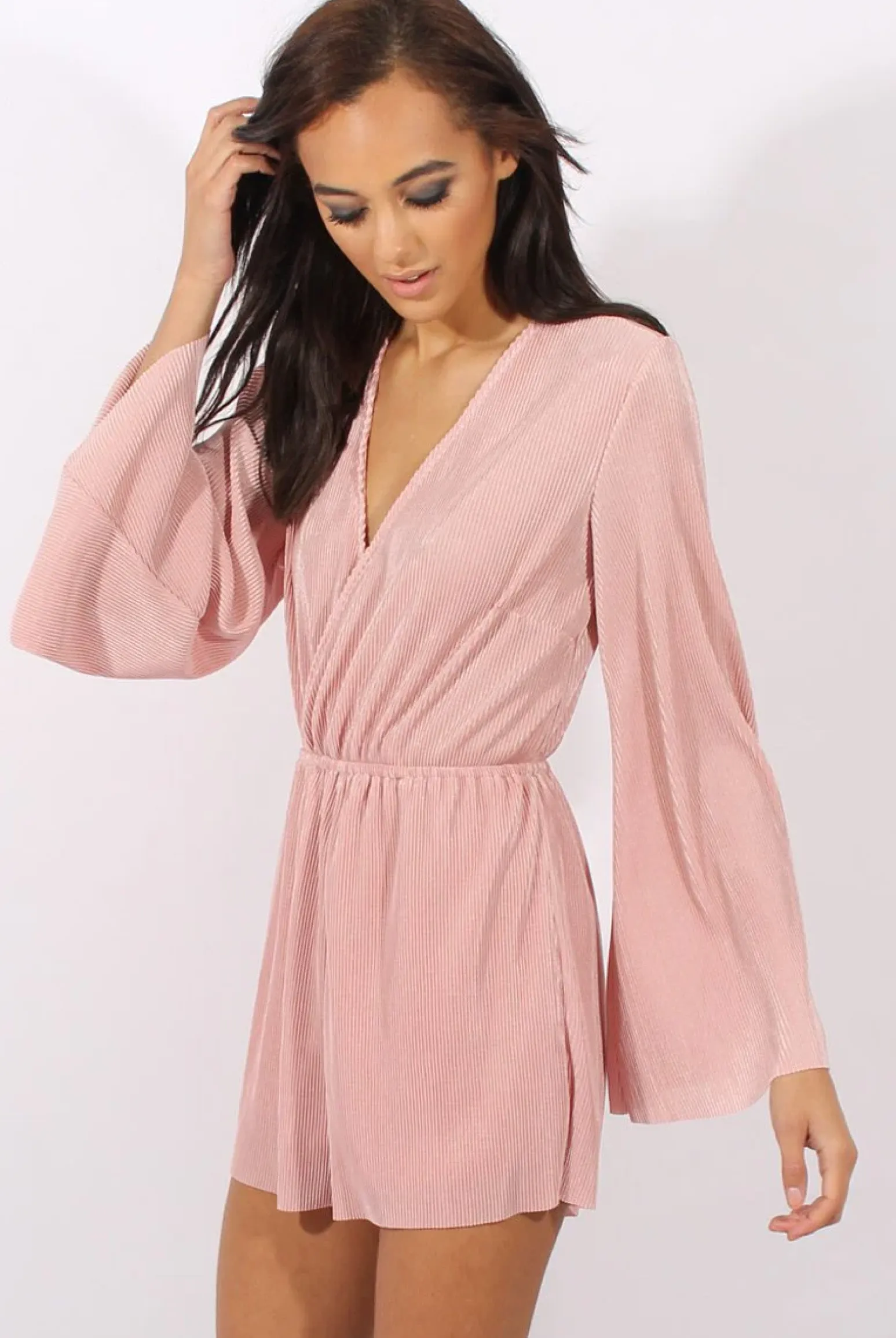 Rebellious Fashion Pink Pleated Flared Sleeve Playsuit - Amity