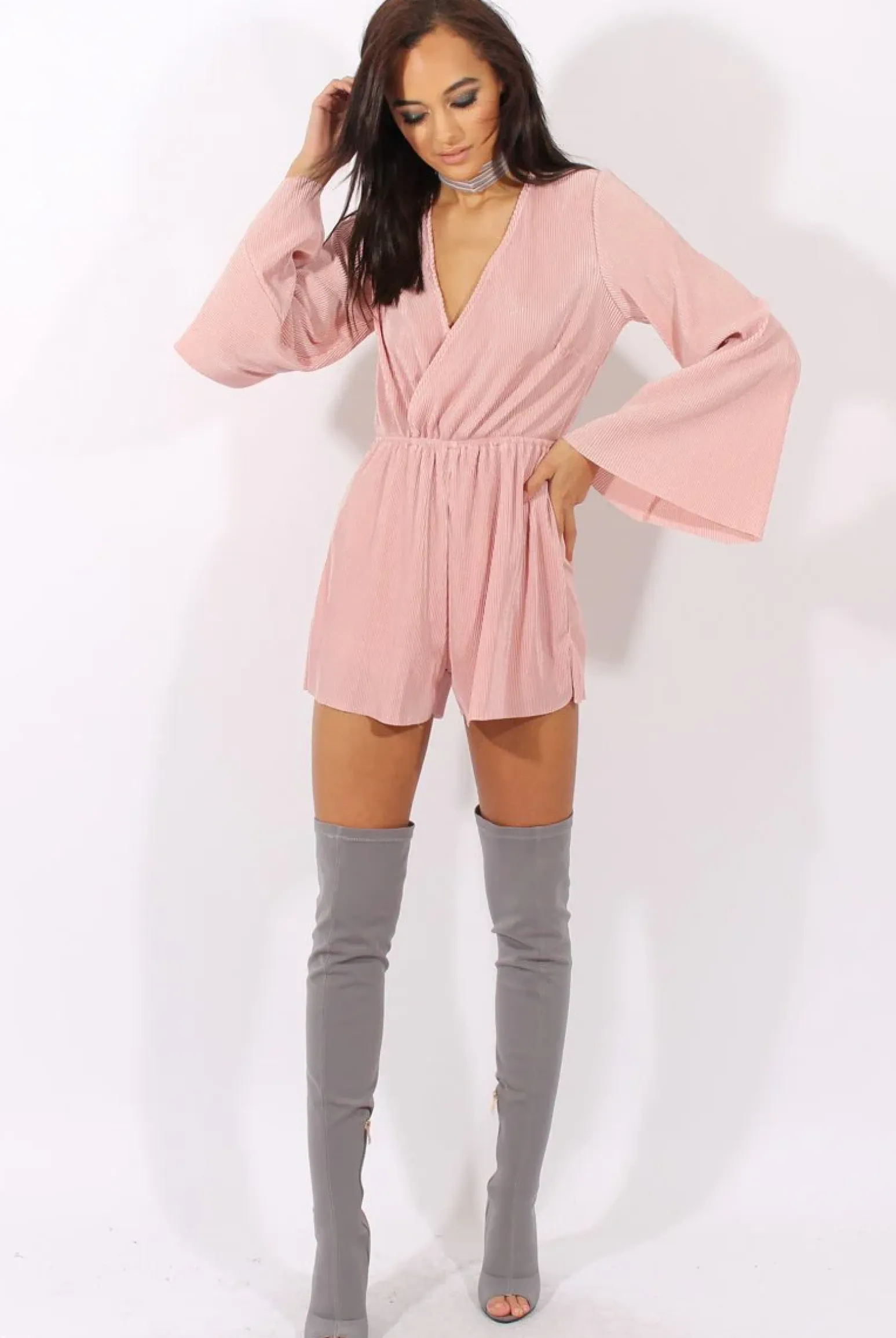 Rebellious Fashion Pink Pleated Flared Sleeve Playsuit - Amity