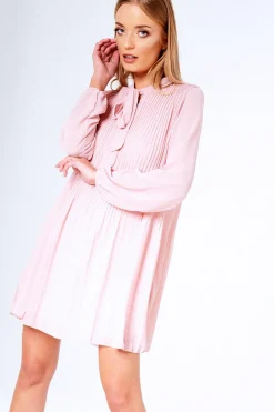 Rebellious Fashion Pink Pleated Tie Neck Long Sleeve Swing Dress - Nickie