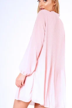 Rebellious Fashion Pink Pleated Tie Neck Long Sleeve Swing Dress - Nickie