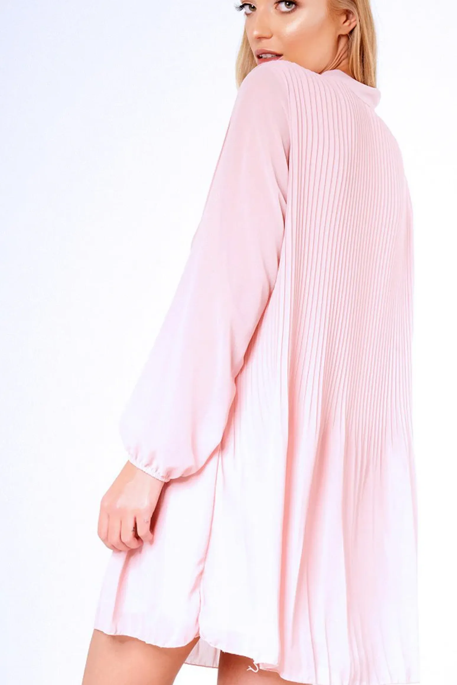 Rebellious Fashion Pink Pleated Tie Neck Long Sleeve Swing Dress - Nickie