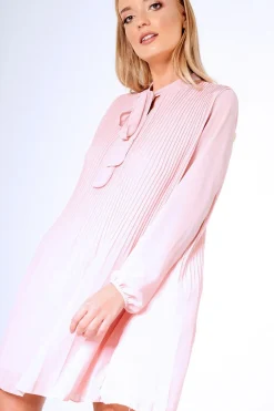 Rebellious Fashion Pink Pleated Tie Neck Long Sleeve Swing Dress - Nickie