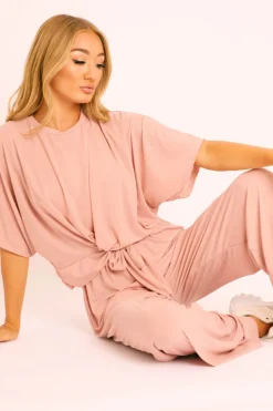 Rebellious Fashion Pink Plisse Wide Leg Trouser and Top Co-ord - Hellen
