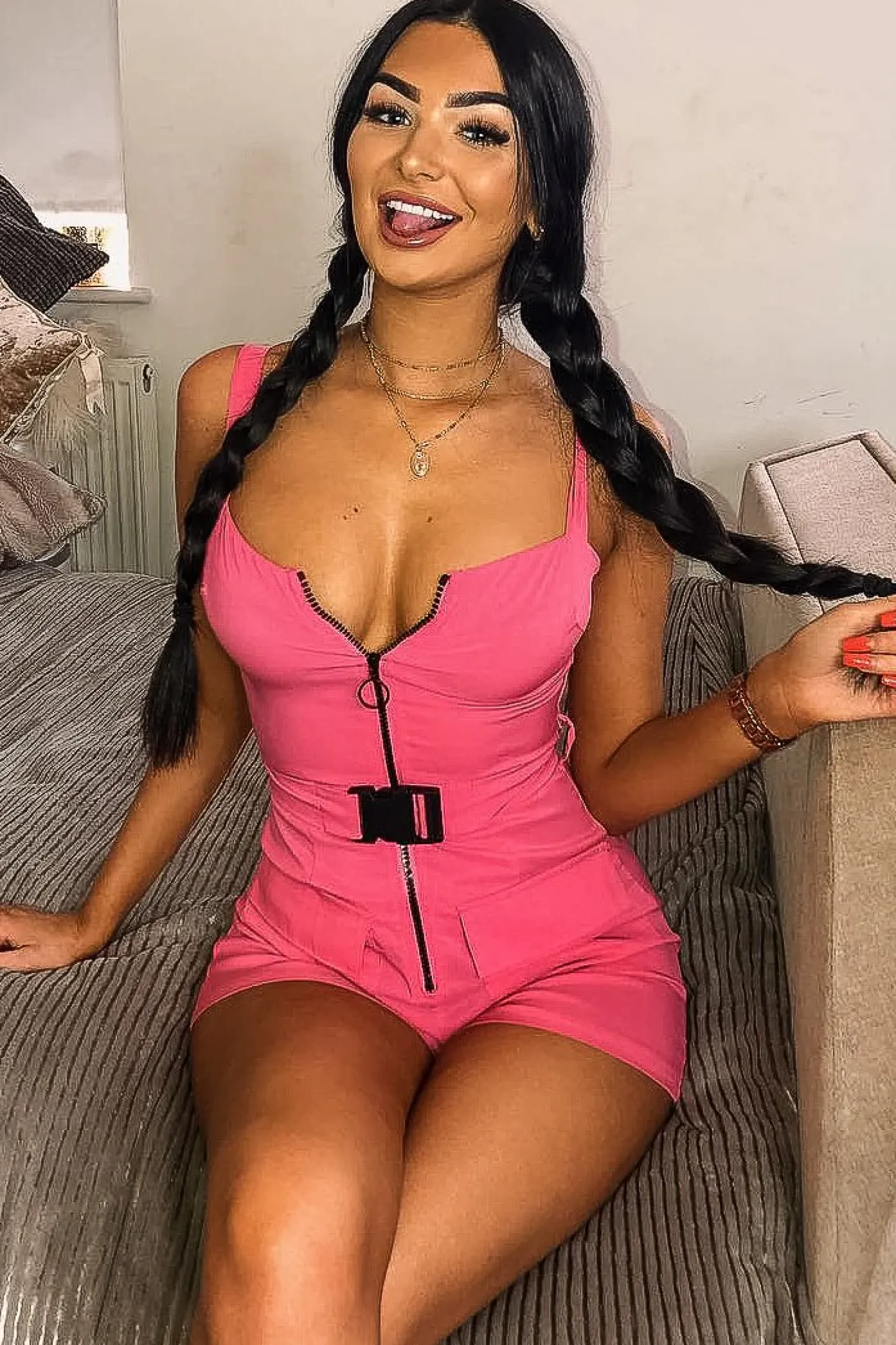 Rebellious Fashion Pink Plunge Belted Waist Sleeveless Playsuit - Kerstyn