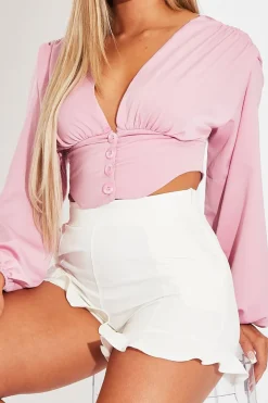 Rebellious Fashion Pink Plunge Button Front Top - Zamina